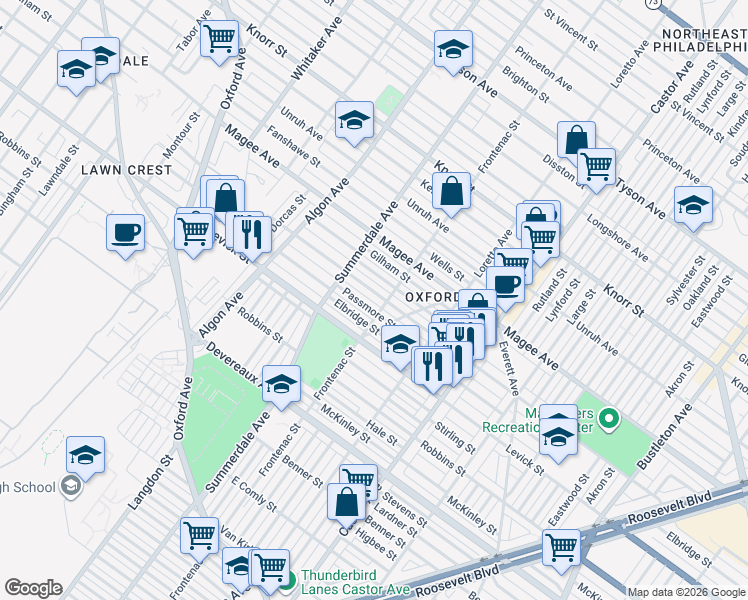 map of restaurants, bars, coffee shops, grocery stores, and more near 1232 Passmore Street in Philadelphia