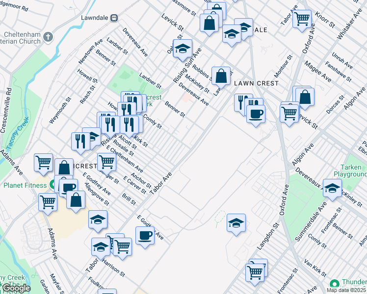 map of restaurants, bars, coffee shops, grocery stores, and more near 5939 Bennington Street in Philadelphia
