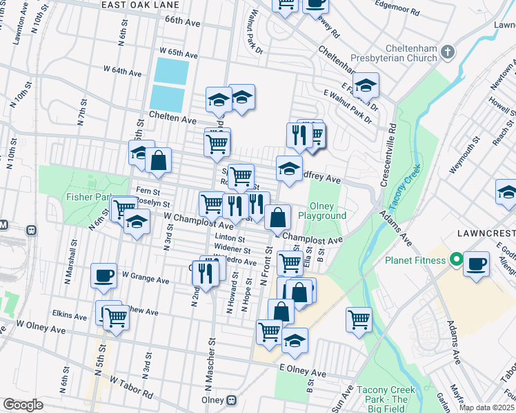 map of restaurants, bars, coffee shops, grocery stores, and more near 115 Fern Street in Philadelphia