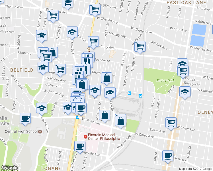 map of restaurants, bars, coffee shops, grocery stores, and more near 5848 North Camac Street in Philadelphia