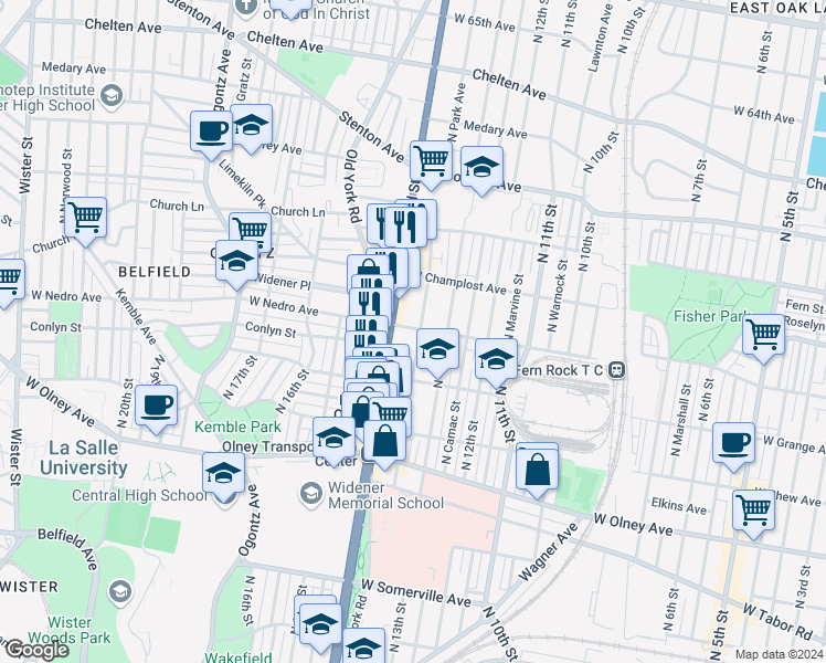 map of restaurants, bars, coffee shops, grocery stores, and more near 1320 West Nedro Avenue in Philadelphia