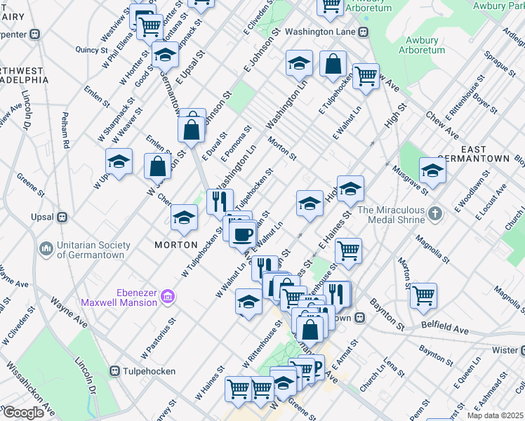 map of restaurants, bars, coffee shops, grocery stores, and more near 44 East Pastorius Street in Philadelphia