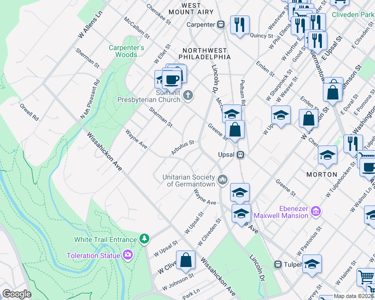 map of restaurants, bars, coffee shops, grocery stores, and more near 525 Burnham Road in Philadelphia