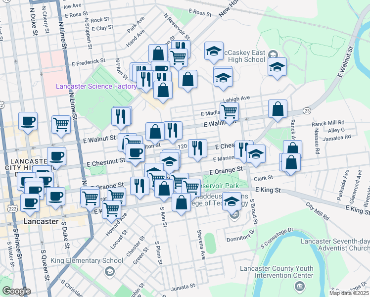 map of restaurants, bars, coffee shops, grocery stores, and more near 622 Pennsylvania 23 in Lancaster