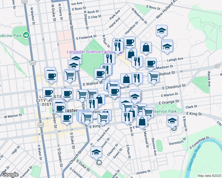 map of restaurants, bars, coffee shops, grocery stores, and more near 411 East Chestnut Street in Lancaster