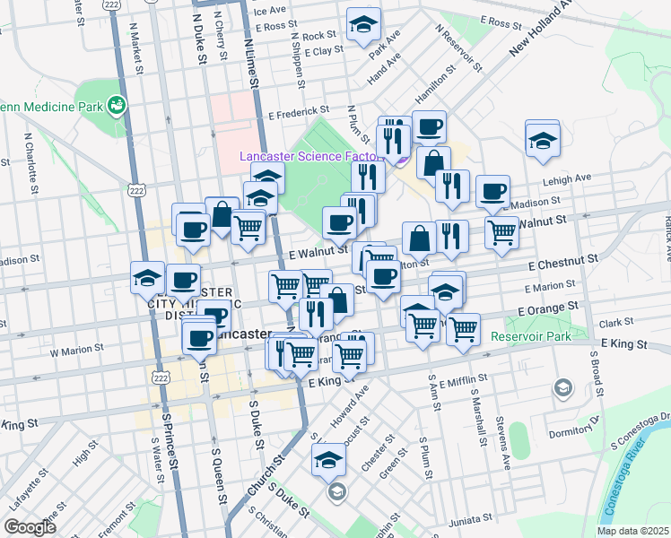 map of restaurants, bars, coffee shops, grocery stores, and more near 328 East Fulton Street in Lancaster