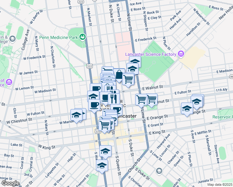 map of restaurants, bars, coffee shops, grocery stores, and more near 38 East Walnut Street in Lancaster