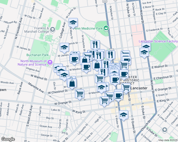 map of restaurants, bars, coffee shops, grocery stores, and more near 312 North Concord Street in Lancaster