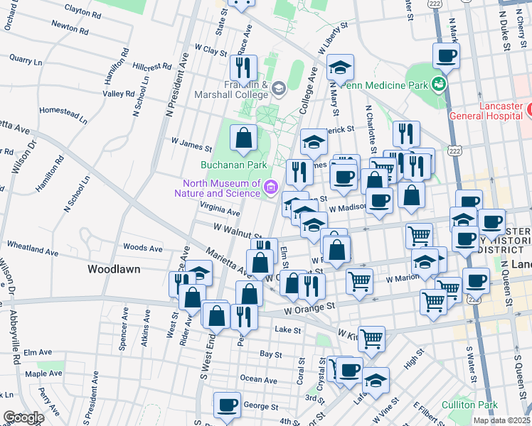 map of restaurants, bars, coffee shops, grocery stores, and more near 350 College Avenue in Lancaster