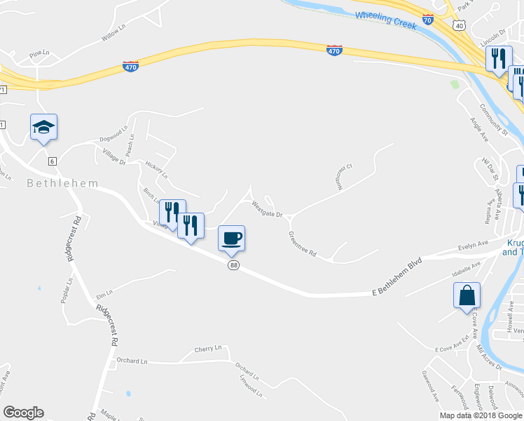 map of restaurants, bars, coffee shops, grocery stores, and more near 316 Washington Avenue in Wheeling