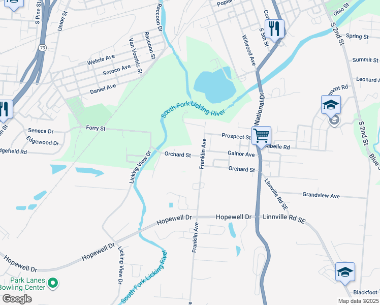 map of restaurants, bars, coffee shops, grocery stores, and more near 75 Franklin Avenue in Newark