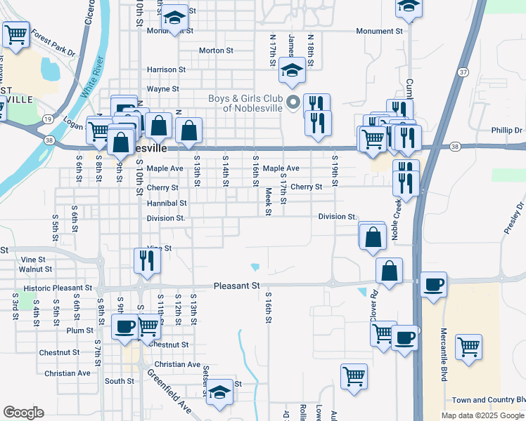 map of restaurants, bars, coffee shops, grocery stores, and more near 1649 Hannibal Street in Noblesville