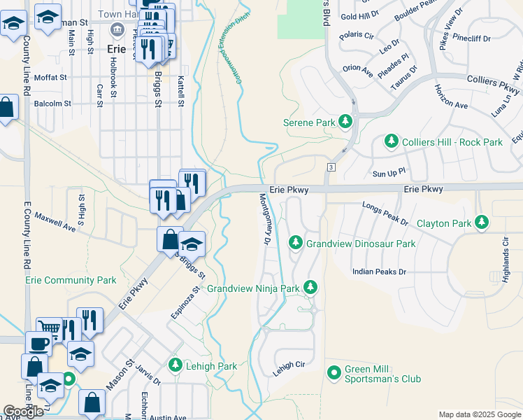 map of restaurants, bars, coffee shops, grocery stores, and more near 82 Montgomery Drive in Erie