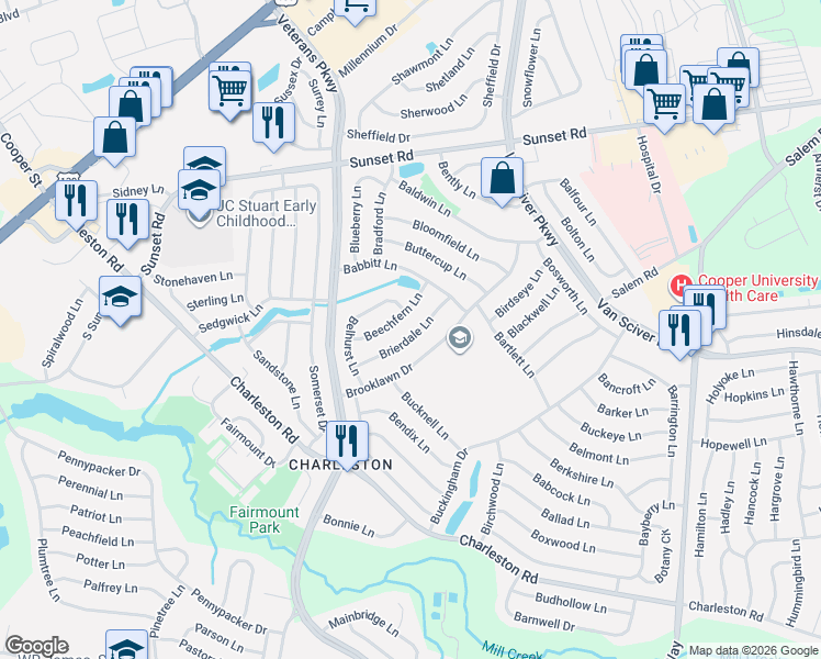 map of restaurants, bars, coffee shops, grocery stores, and more near 38 Brierdale Lane in Willingboro