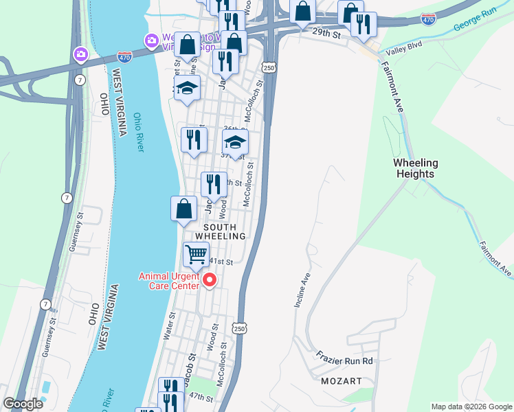 map of restaurants, bars, coffee shops, grocery stores, and more near 3841 Wetzel Street in Wheeling