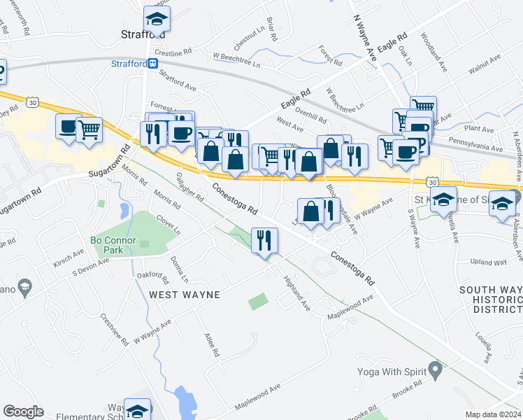map of restaurants, bars, coffee shops, grocery stores, and more near 155 Conestoga Road in Wayne