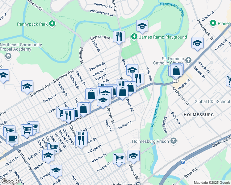 map of restaurants, bars, coffee shops, grocery stores, and more near 8043 Craig Street in Philadelphia