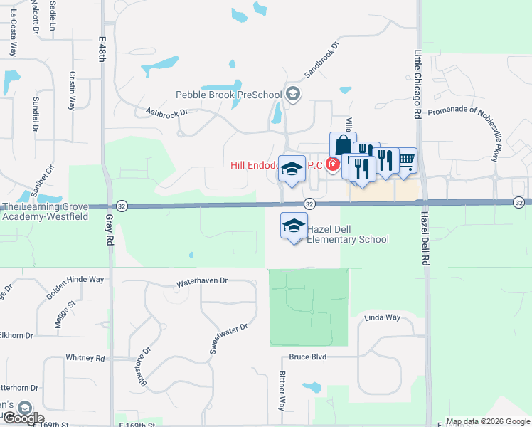 map of restaurants, bars, coffee shops, grocery stores, and more near 3133 Westfield Road in Noblesville