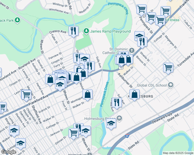 map of restaurants, bars, coffee shops, grocery stores, and more near 8229 Frankford Avenue in Philadelphia