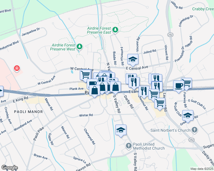 map of restaurants, bars, coffee shops, grocery stores, and more near in Paoli