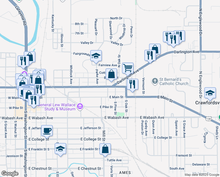 map of restaurants, bars, coffee shops, grocery stores, and more near 903 East Market Street in Crawfordsville