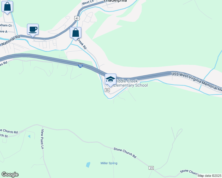 map of restaurants, bars, coffee shops, grocery stores, and more near 579 Middle Creek Road in Triadelphia