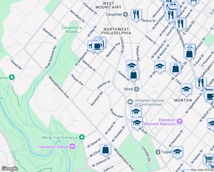 map of restaurants, bars, coffee shops, grocery stores, and more near 517 Burnham Road in Philadelphia