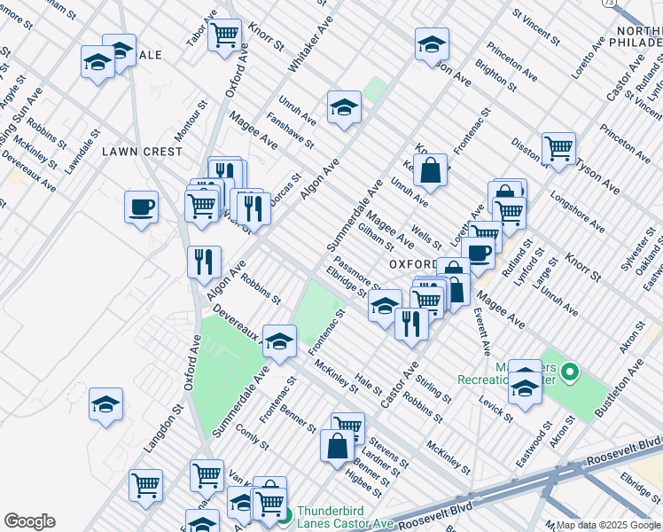 map of restaurants, bars, coffee shops, grocery stores, and more near 1111 Elbridge Street in Philadelphia