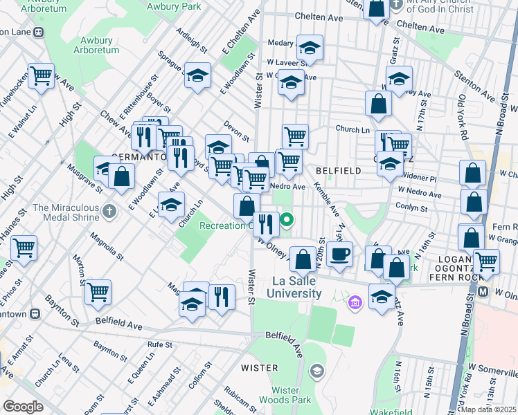 map of restaurants, bars, coffee shops, grocery stores, and more near 2176 Conlyn Street in Philadelphia
