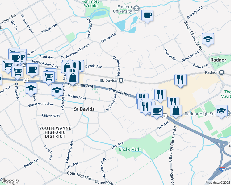 map of restaurants, bars, coffee shops, grocery stores, and more near 500 East Lancaster Avenue in Wayne
