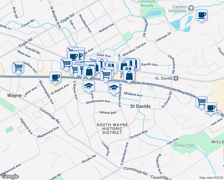 map of restaurants, bars, coffee shops, grocery stores, and more near 219 Midland Avenue in Wayne