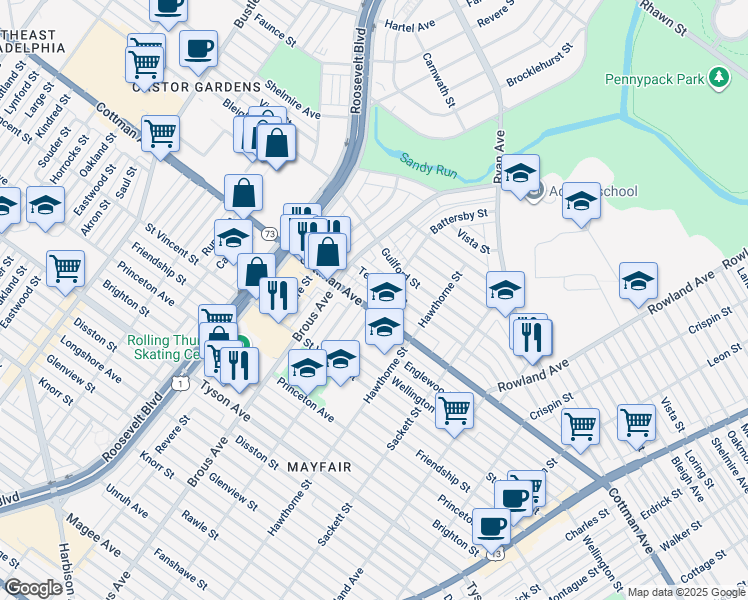 map of restaurants, bars, coffee shops, grocery stores, and more near 2935 Cottman Avenue in Philadelphia