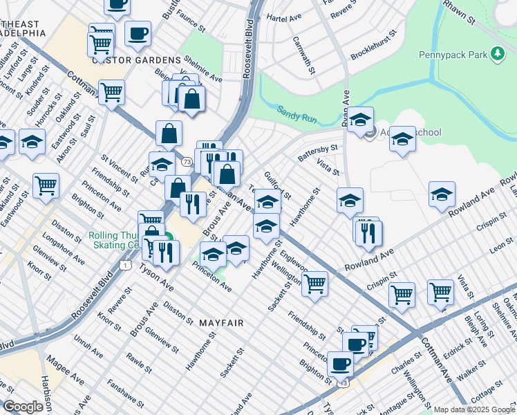 map of restaurants, bars, coffee shops, grocery stores, and more near 2935 Cottman Avenue in Philadelphia