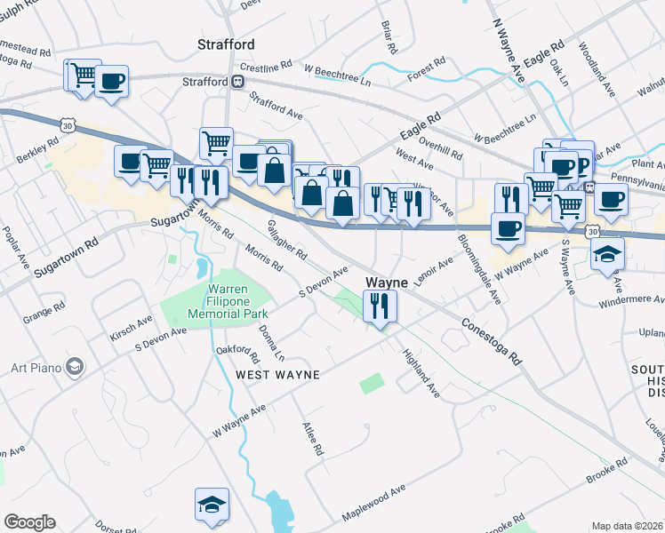 map of restaurants, bars, coffee shops, grocery stores, and more near 268 South Devon Avenue in Wayne