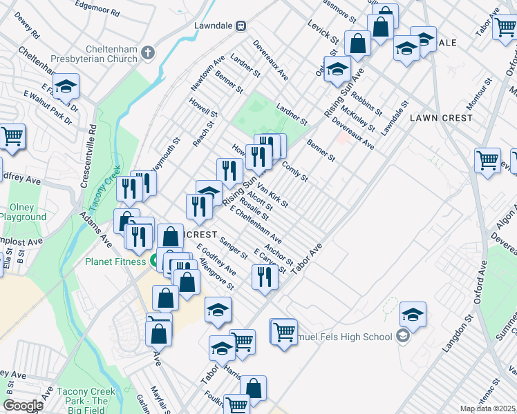 map of restaurants, bars, coffee shops, grocery stores, and more near 551 Rosalie Street in Philadelphia