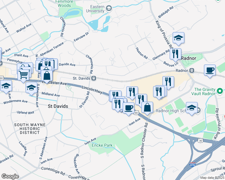 map of restaurants, bars, coffee shops, grocery stores, and more near 102 Cambria Court in Wayne