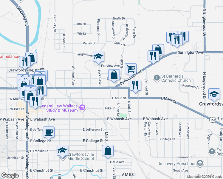 map of restaurants, bars, coffee shops, grocery stores, and more near 903 East Market Street in Crawfordsville