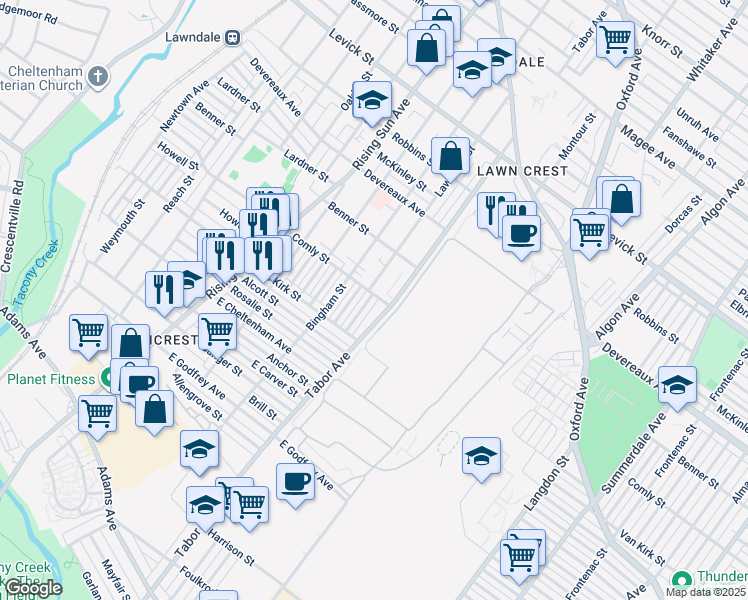 map of restaurants, bars, coffee shops, grocery stores, and more near 5951 Bennington Street in Philadelphia