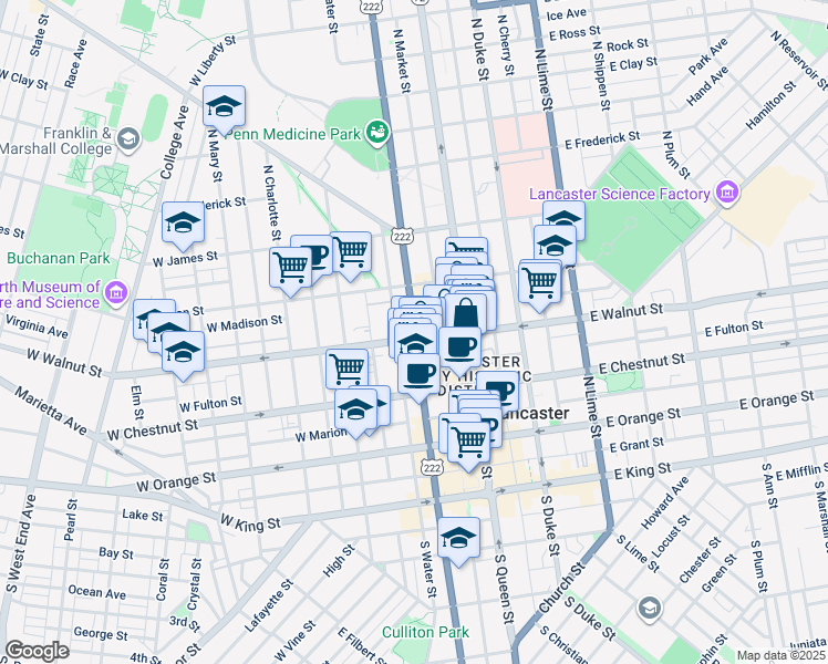 map of restaurants, bars, coffee shops, grocery stores, and more near 310 North Prince Street in Lancaster