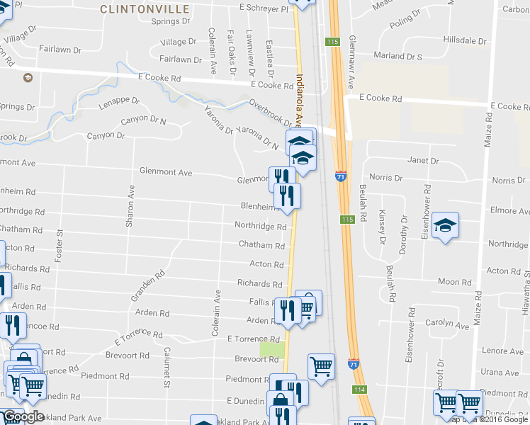 map of restaurants, bars, coffee shops, grocery stores, and more near 607 Blenheim Road in Columbus