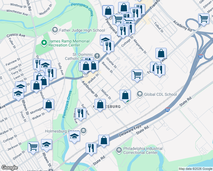 map of restaurants, bars, coffee shops, grocery stores, and more near 4530 Blakiston Street in Philadelphia