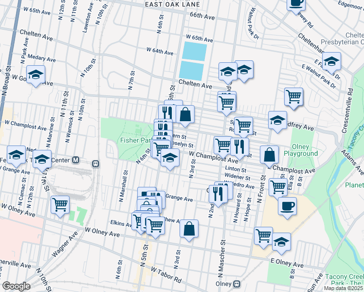 map of restaurants, bars, coffee shops, grocery stores, and more near 402 Roselyn Street in Philadelphia