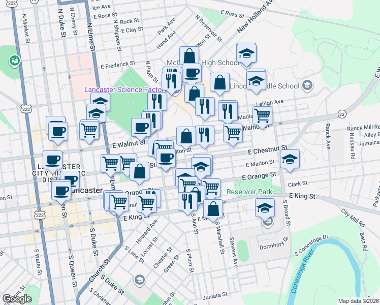 map of restaurants, bars, coffee shops, grocery stores, and more near 435 East Chestnut Street in Lancaster