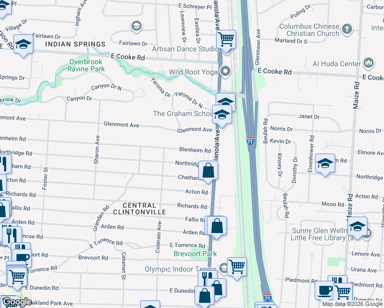 map of restaurants, bars, coffee shops, grocery stores, and more near 588 Northridge Road in Columbus