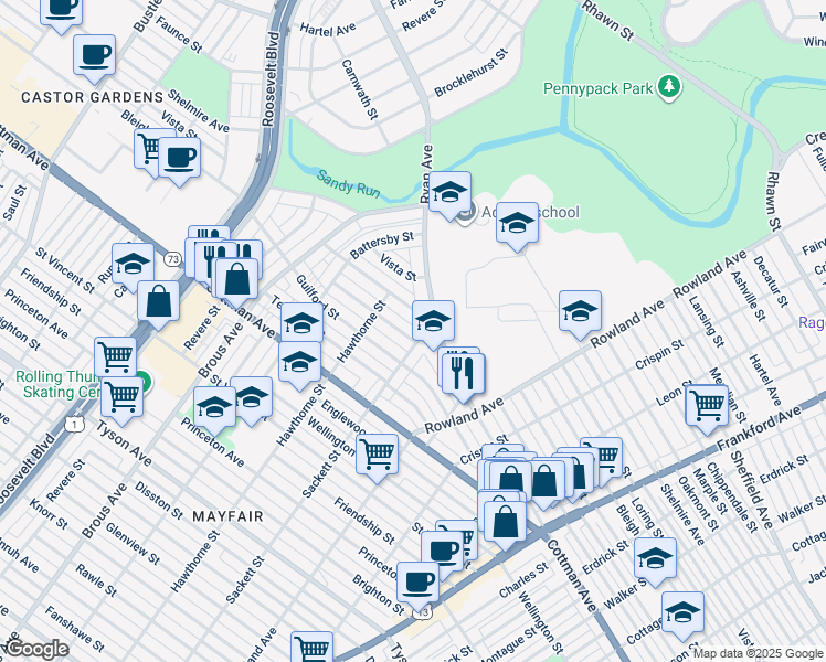 map of restaurants, bars, coffee shops, grocery stores, and more near 3133 Windish Street in Philadelphia