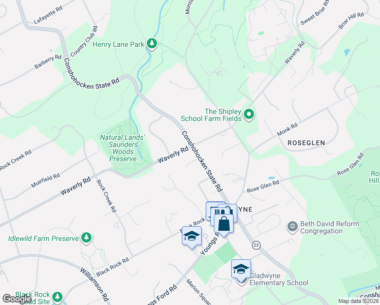 map of restaurants, bars, coffee shops, grocery stores, and more near 1131 Waverly Road in Gladwyne