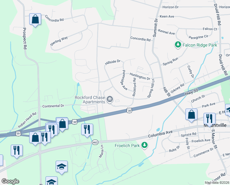 map of restaurants, bars, coffee shops, grocery stores, and more near 19 Spring Hill Lane in Mountville