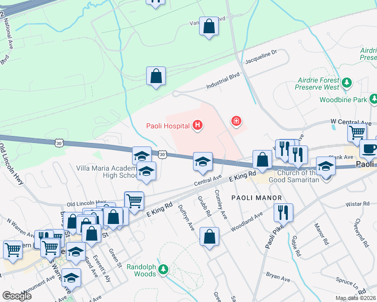 map of restaurants, bars, coffee shops, grocery stores, and more near 275 Lancaster Avenue in Malvern