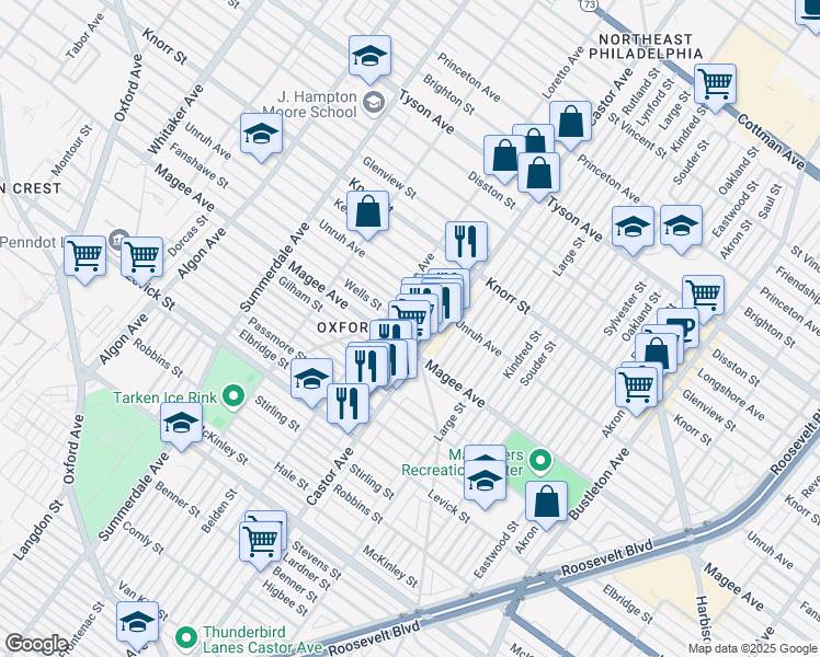 map of restaurants, bars, coffee shops, grocery stores, and more near 1430 Fanshawe Street in Philadelphia