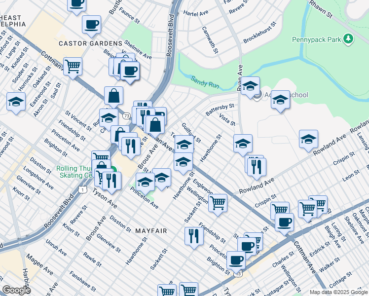 map of restaurants, bars, coffee shops, grocery stores, and more near 3000 Teesdale Street in Philadelphia